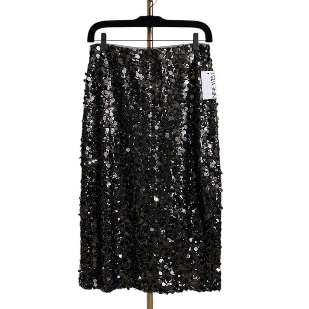 Nine West Black Sequin Midi Pencil Skirt Stretchy Size Medium NWT Holiday Party